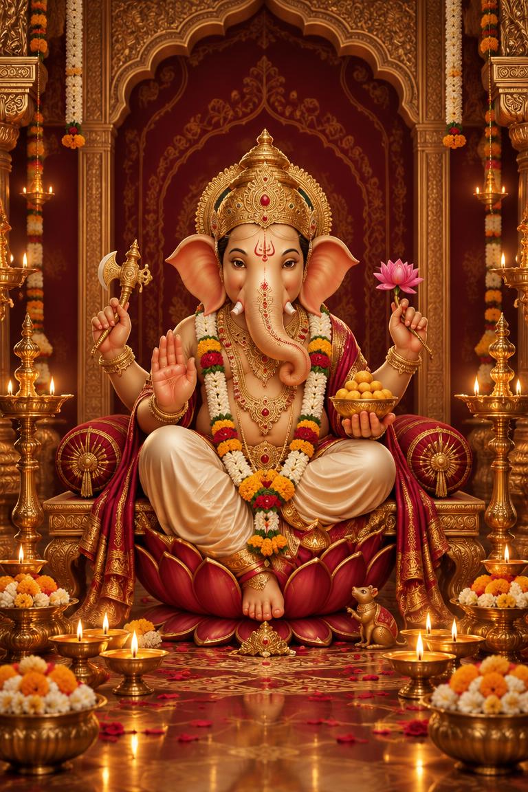 Lord Ganesha seated on a lotus amid glowing diyas