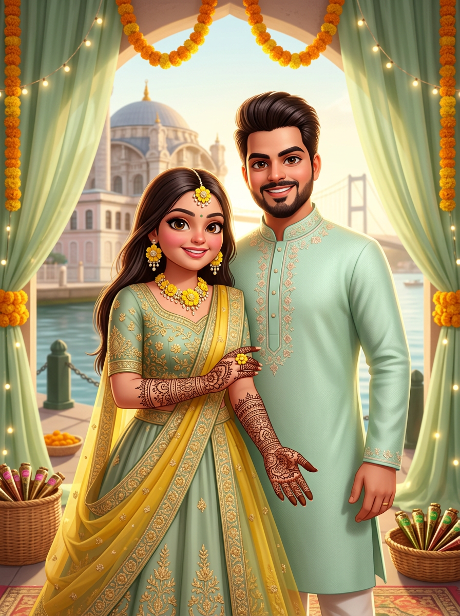 Mehendi — Ritesh in a pastel mint kurta · Jyoti in a sage-green & yellow lehenga with henna adorned hands